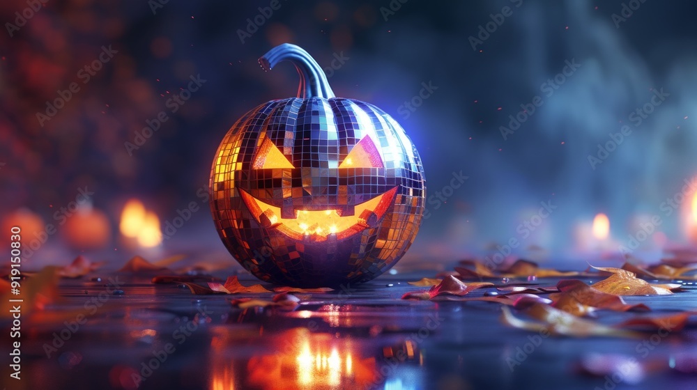 Futuristic Neon Jack-O'-Lantern with Disco Ball Design and Smoke in Halloween Decor Futuristic Neon Jack-O'-Lantern with Disco Ball Design and Smoke in Halloween Decor