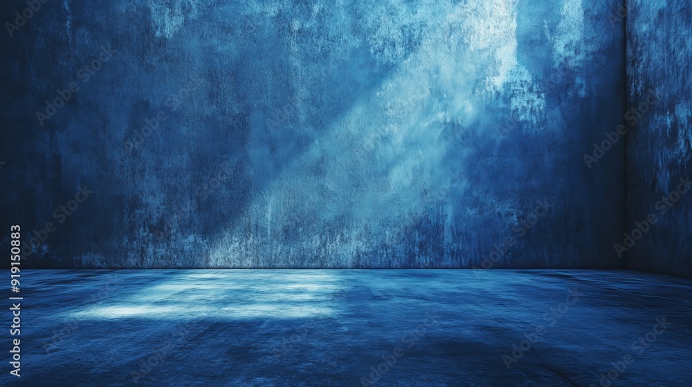 Moody Atmosphere in Empty Room with Dark Blue Sky Wall and Concrete Floor on Digital Art Concept Moody Atmosphere in Empty Room with Dark Blue Sky Wall and Concrete Floor on Digital Art Concept