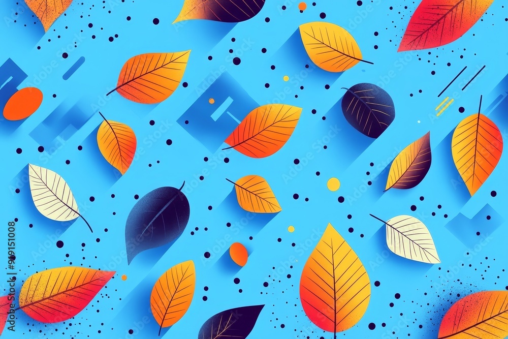 Using overlapping leaves in bold, unexpected colors, this vibrant autumn banner displays geometric elements and halftone effects to add a contemporary touch to the theme. Using overlapping leaves in bold, unexpected colors, this vibrant autumn banner displays geometric elements and halftone effects to add a contemporary touch to the theme.