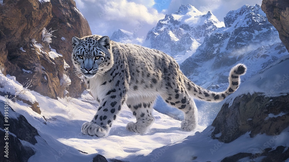 Fototapeta premium Snow Leopard Prowls Through Snowy Mountain Landscape