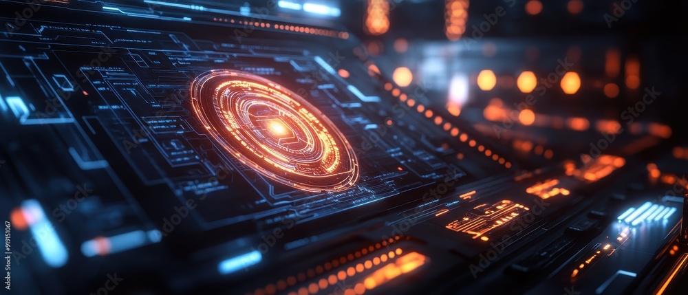Obraz premium Futuristic Technology Interface with Glowing Orange and Blue Lights.
