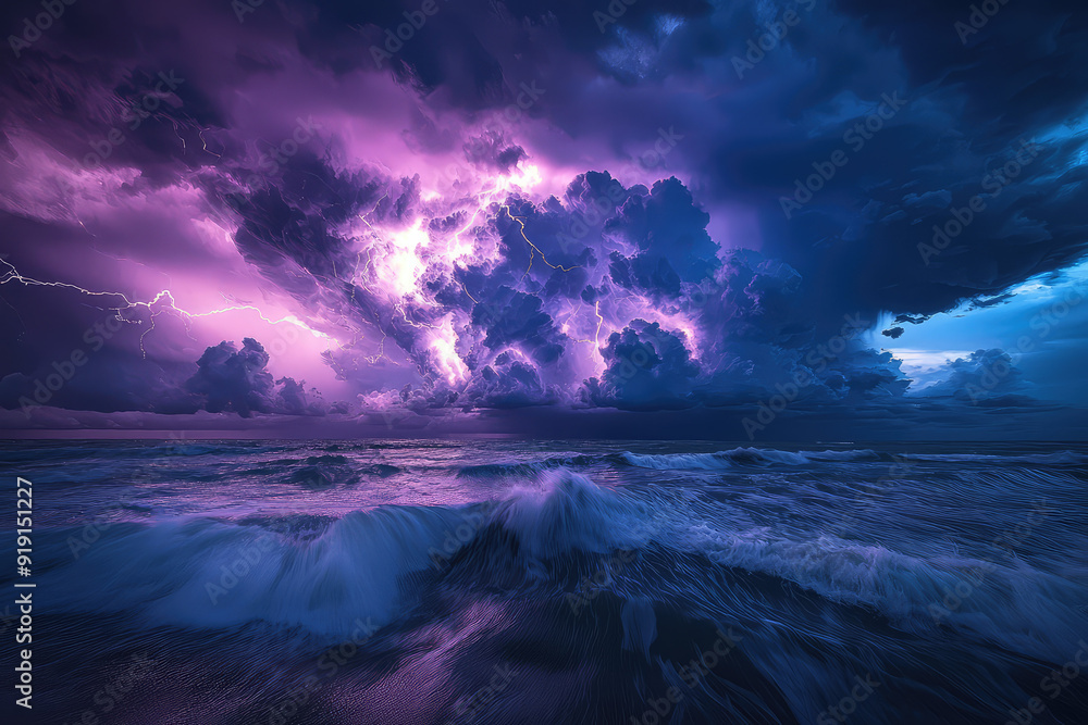 A stunning thunderstorm unleashes its fury above the ocean, painting the sky with vivid lightning arcs and a mesmerizing atmosphere. A stunning thunderstorm unleashes its fury above the ocean, painting the sky with vivid lightning arcs and a mesmerizing atmosphere.