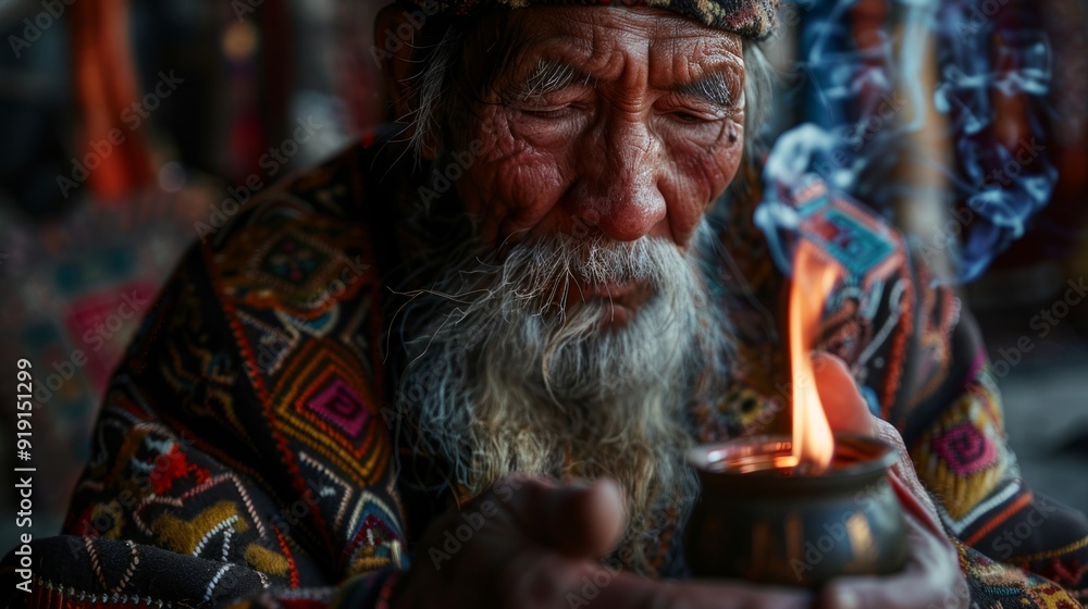 Elder performing protection ritual with lit candle Elder performing protection ritual with lit candle
