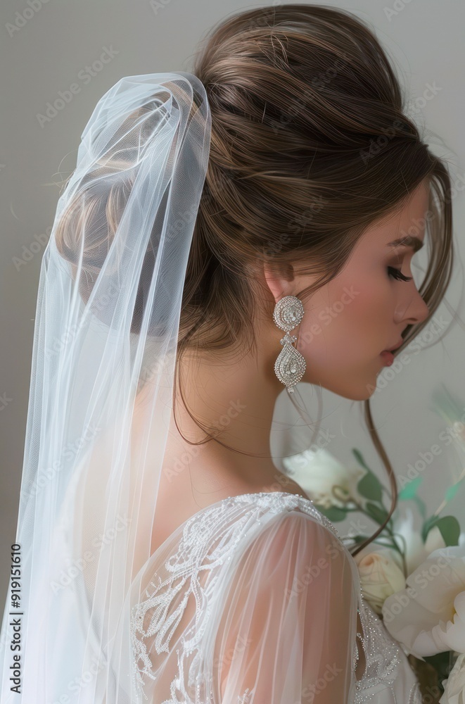 Profile portrait of a bride with elegant hairstyle and white wedding veil. Profile portrait of a bride with elegant hairstyle and white wedding veil.