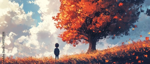 Enchanted by Nature: Young Boy Gazing at Giant Autumn Tree in Digital Art Style Painting