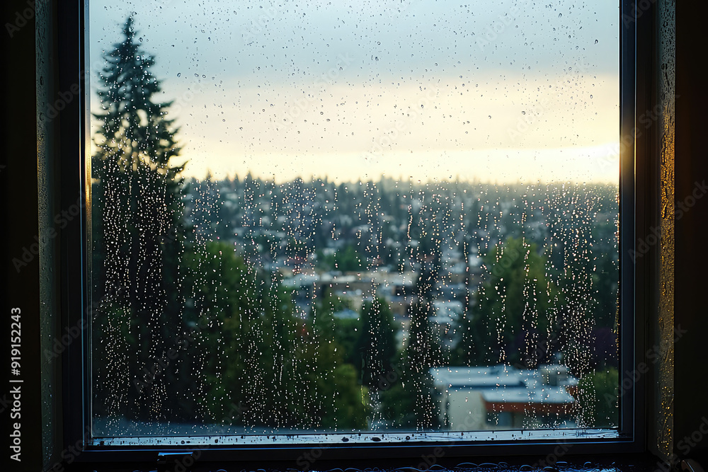Fototapeta premium A solitary moment, gazing through a rain-kissed window, where nature weeps gently as the world outside comes alive.