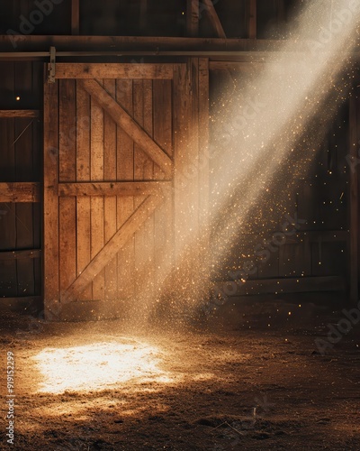 Sunbeam through barn door, dust motes, rustic, rural, farm, interior, background