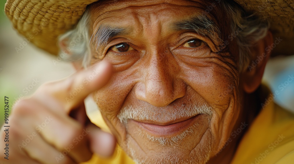 A man with a hat on and a smile on his face pointing to something A man with a hat on and a smile on his face pointing to something
