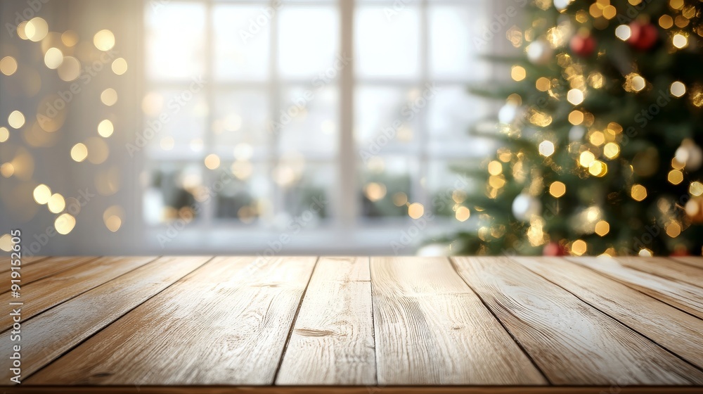 A wooden table with a christmas tree and snowflakes in the background. A wooden table with a christmas tree and snowflakes in the background.
