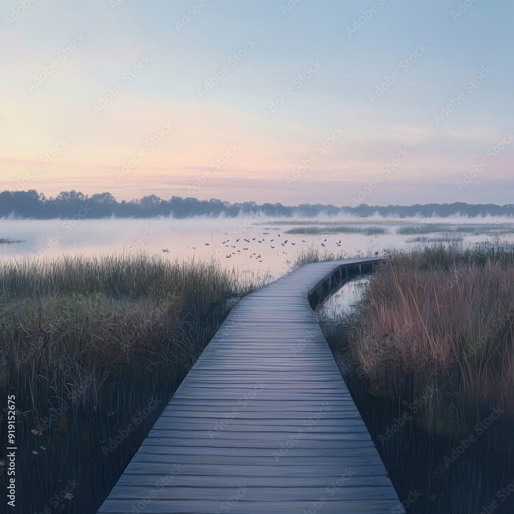 Obraz premium Misty Morning Fog Over a Lake With a Wooden Pathway.