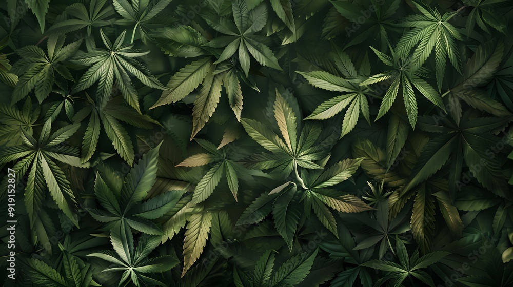 Marijuana leaves on a background, close up top view on cannabis leaves and branches on background for alternative medical and marketing design concept Marijuana leaves on a background, close up top view on cannabis leaves and branches on background for alternative medical and marketing design concept