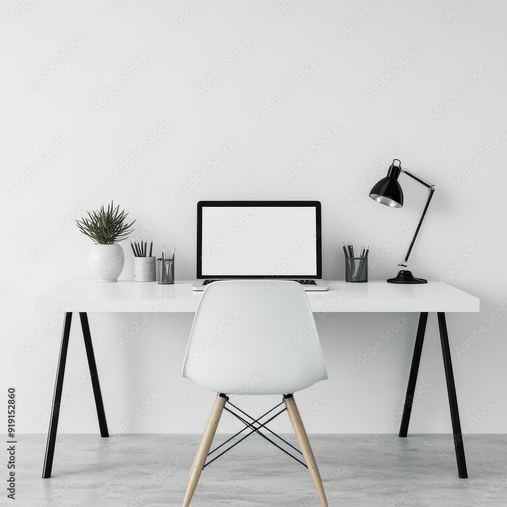 Fototapeta premium Minimalist White Desk with Black Metal Legs and White Chair in a Modern Office Setting.
