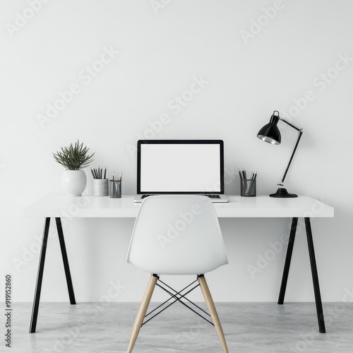 Minimalist White Desk with Black Metal Legs and White Chair in a Modern Office Setting.