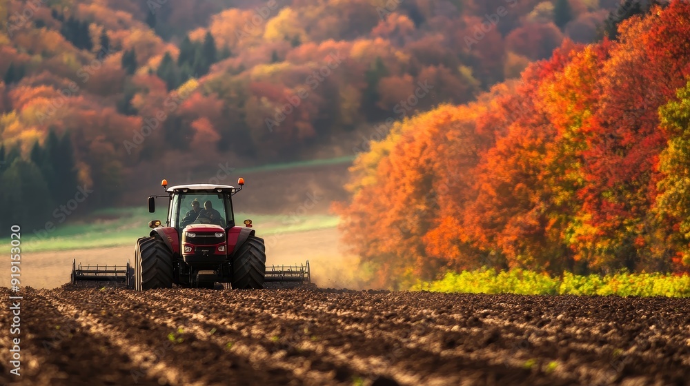 This image captures the essence of agriculture in the fall, with a tractor plowing a field with beautiful autumn foliage in the background. This image captures the essence of agriculture in the fall, with a tractor plowing a field with beautiful autumn foliage in the background.