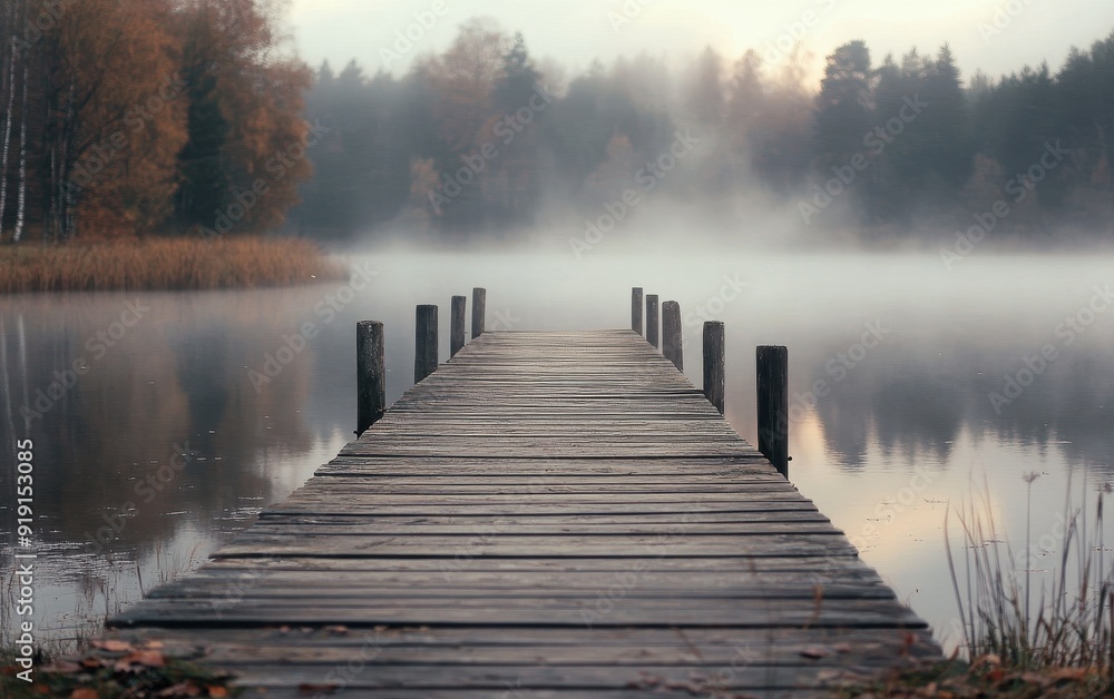 Fototapeta premium Wooden Dock Extending Into Misty Lake with Autumn Trees in Background.