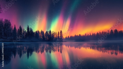 Aurora Borealis Reflection in Still Lake with Forest Silhouette and Starry Sky.