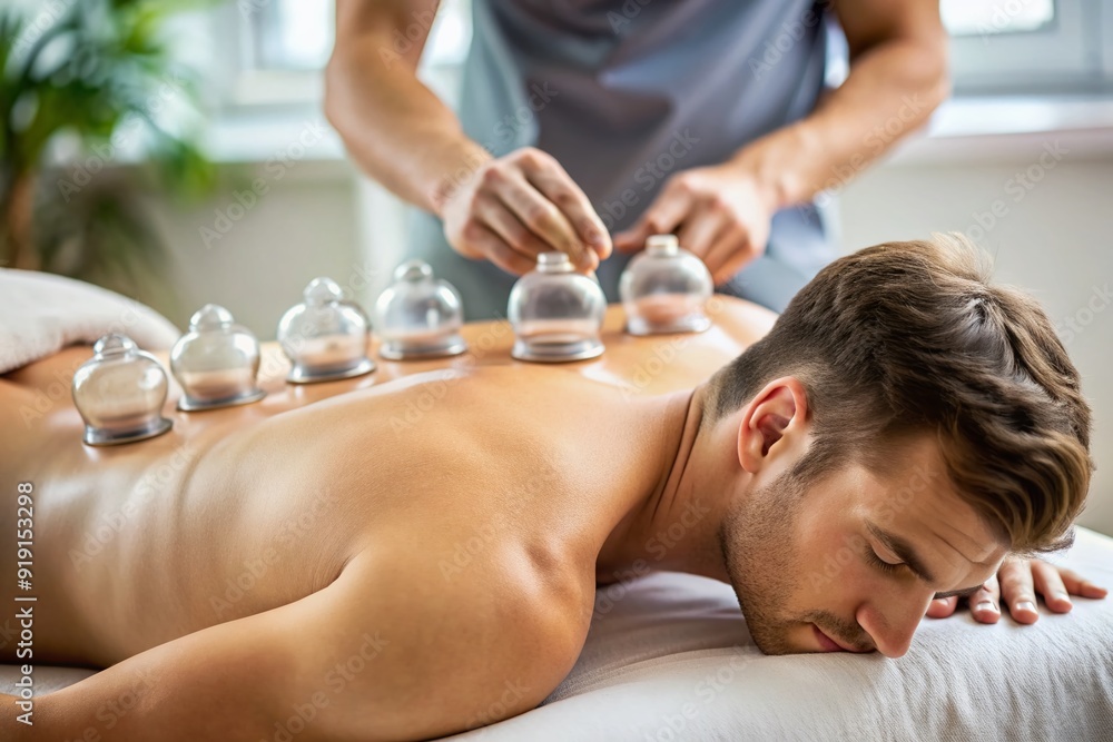 © Man888 - Close-up of a wellness cupping massage therapy session, focusing on the treatment of an athletic individual's back, promoting relaxation and rehabilitation in a medical clinic setting.