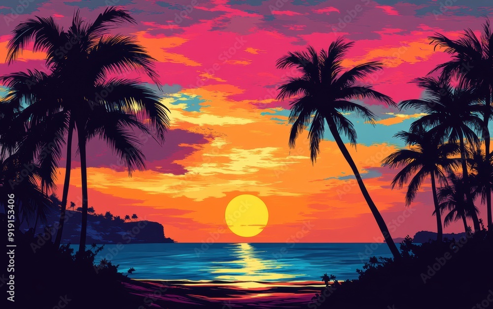 Vibrant Sunset Over Tropical Beach with Silhouetted Palm Trees. Vibrant Sunset Over Tropical Beach with Silhouetted Palm Trees.
