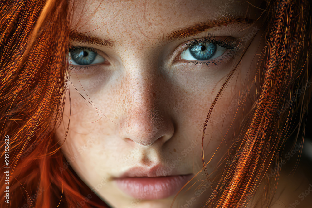 Capturing the Intensity: A Portrait of a Young Woman with Mesmerizing Blue Eyes and Radiant Red Hair Capturing the Intensity: A Portrait of a Young Woman with Mesmerizing Blue Eyes and Radiant Red Hair