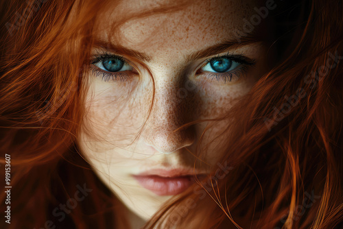 A striking portrait capturing the intense gaze of a young woman with vibrant blue eyes and flowing red hair, evoking intrigue.