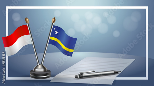 Indonesia and Curacao Small national flag on bokeh background, cooperative relationship