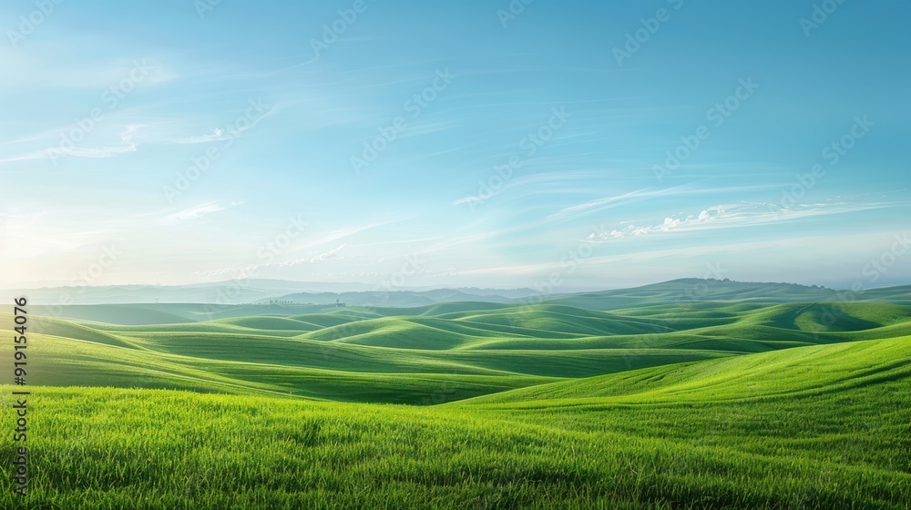 Scenic background featuring a panoramic view of rolling green hills under a clear blue sky, with a gradient transition from the lush green landscape to the serene sky, perfect for bringing a touch of