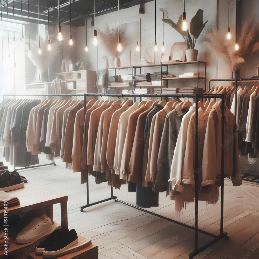 Cloth store aesthetic background, photo of clothes hanging on hangers, muted neutral colors. Cloth store aesthetic background, photo of clothes hanging on hangers, muted neutral colors.