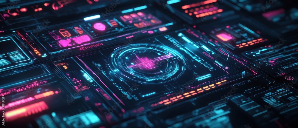 Obraz premium Futuristic Neon Interface with Digital HUD and Glowing Elements.