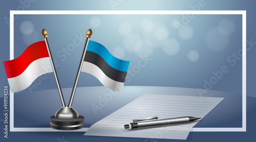 Indonesia and Estonia Small national flag on bokeh background, cooperative relationship