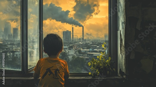 Child Looking Out Window at Industrial Cityscape
