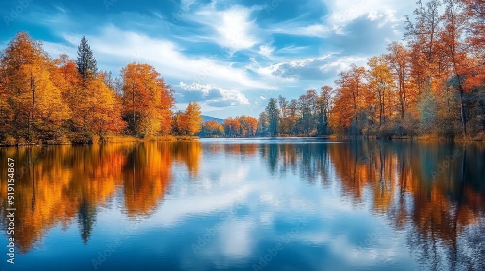 Obraz premium Autumn Trees Reflected in a Still Lake Under a Blue Sky