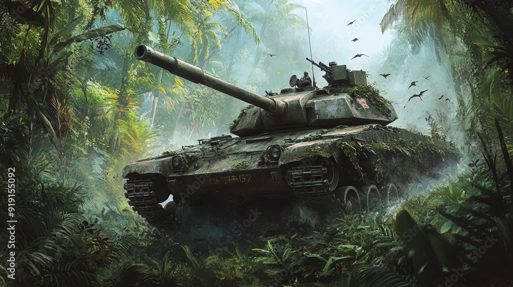 Fototapeta premium Tank Crushing Through Dense Jungle: A Powerful Military Image