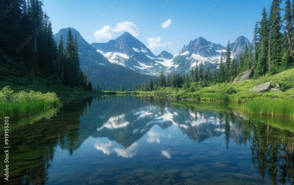 Fototapeta premium Mountain Lake Reflection with Snow-Capped Peaks and Lush Green Forest.
