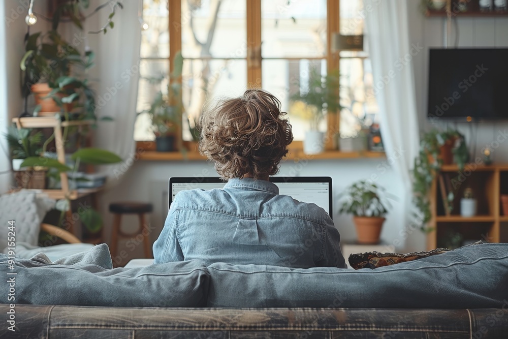 A young man using a computer laptop in front of a blank white computer screen, sitting comfortably in a cozy home setting with natural light. Generative AI A young man using a computer laptop in front of a blank white computer screen, sitting comfortably in a cozy home setting with natural light. Generative AI