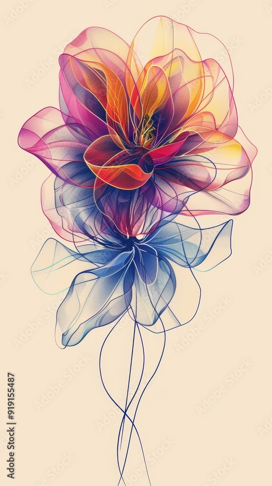 Obraz premium Colorful abstract flower design featuring translucent petals and elegant curves against a soft beige backdrop