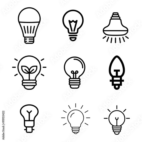 Light bulb icons thin line art set. Black vector symbols isolated on white.
