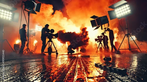 Film Crew Filming on Set with Dramatic Lighting