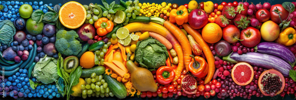 Vibrant rainbow of fruits and vegetables, showcasing diverse natural ingredients Vibrant rainbow of fruits and vegetables, showcasing diverse natural ingredients
