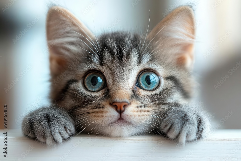 curious kitten peering over edge of minimalist white table large mesmerizing green eyes soft gray fur gentle lighting enhancing adorable expression curious kitten peering over edge of minimalist white table large mesmerizing green eyes soft gray fur gentle lighting enhancing adorable expression