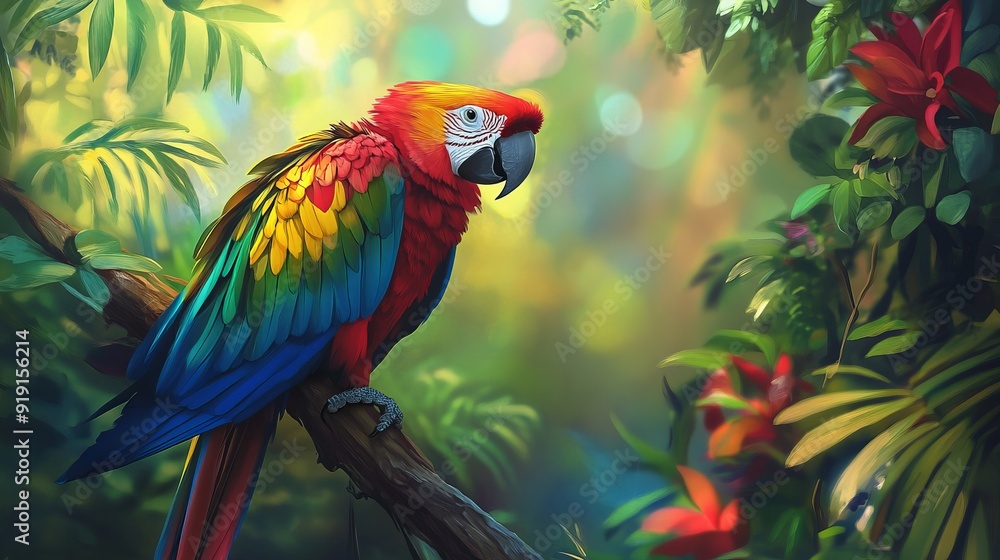 Obraz premium Vibrant Parrot Perched on Branch in Tropical Rainforest