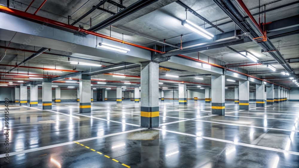 Empty, well-lit, and modern underground parking garage with rows of vacant parking spaces, concrete pillars, and polished floors, awaiting vehicles in a urban setting. Empty, well-lit, and modern underground parking garage with rows of vacant parking spaces, concrete pillars, and polished floors, awaiting vehicles in a urban setting.