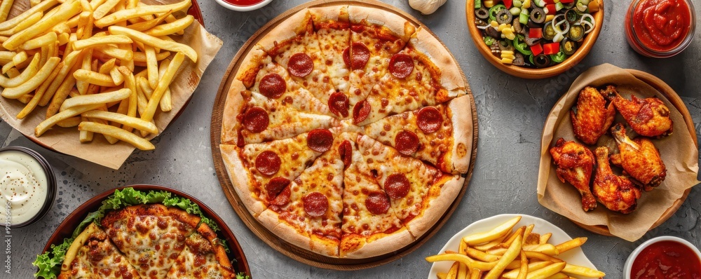 A pizza with melted cheese, pepperoni, and basil leaves. A pizza with melted cheese, pepperoni, and basil leaves.