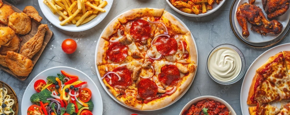 A pizza with melted cheese, pepperoni, and basil leaves. A pizza with melted cheese, pepperoni, and basil leaves.