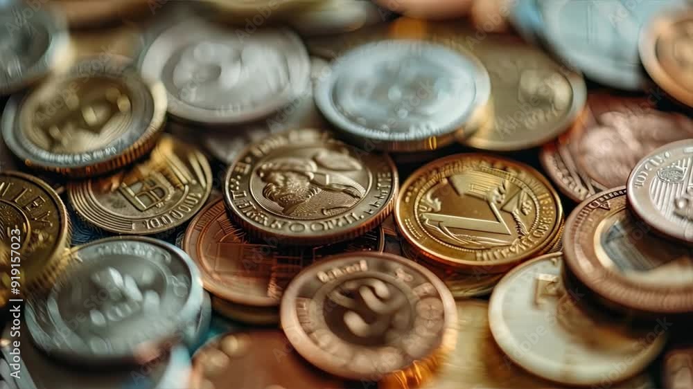 Scattered euro coins rest atop wooden table surface