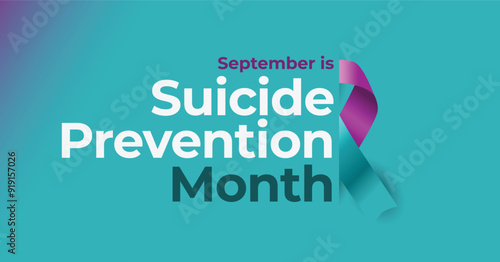 September is Suicide Prevention Month. Stylized 3d awareness teal and purple ribbon. Clean gradient background.