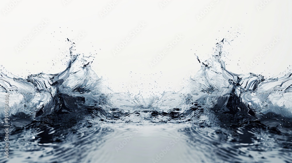 An artistic representation of a symmetrical wave being disrupted and breaking apart representing the breaking of symmetry in wave function collapse. copy space for text. An artistic representation of a symmetrical wave being disrupted and breaking apart representing the breaking of symmetry in wave function collapse. copy space for text.