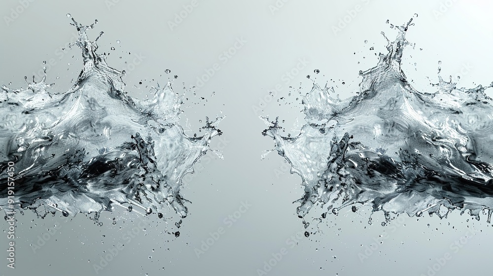 An artistic representation of a symmetrical wave being disrupted and breaking apart representing the breaking of symmetry in wave function collapse. copy space for text. An artistic representation of a symmetrical wave being disrupted and breaking apart representing the breaking of symmetry in wave function collapse. copy space for text.