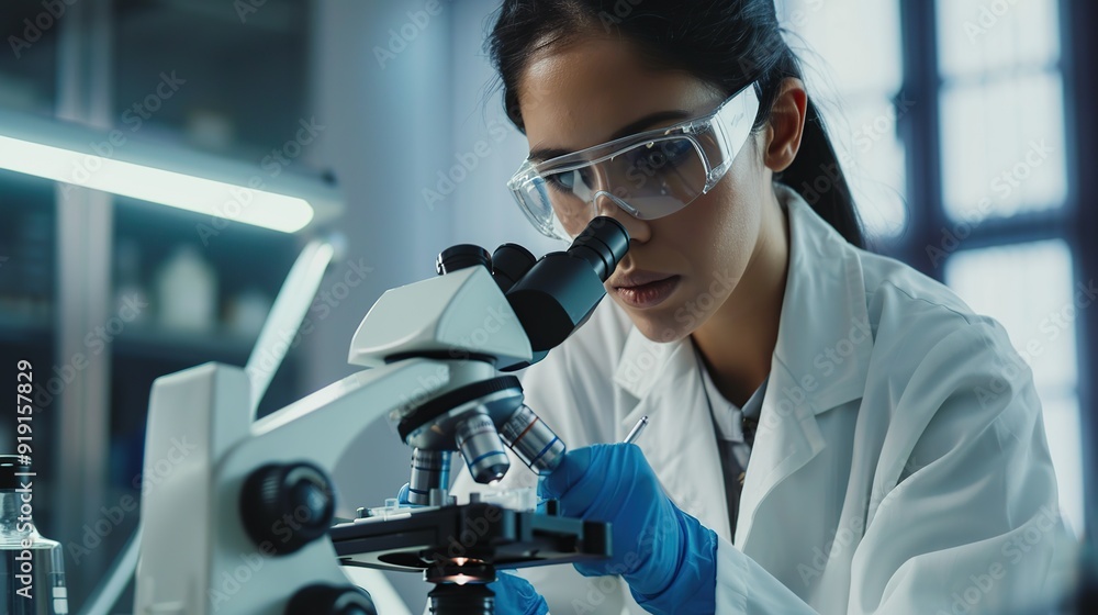 Beautiful female scientist looking through microscope while working in laboratory. copy space for text. Beautiful female scientist looking through microscope while working in laboratory. copy space for text.