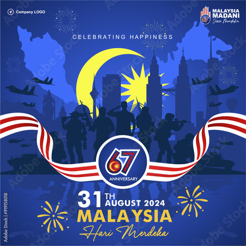 67th Malaysia "Merdeka Day" Means Independence Day 2024 greeting card,  poster, banner, background, template. Design with military power strenght,logo, landmarks . Hari Malaysia vector illustration