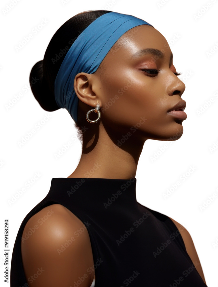 PNG A black woman wearing blue eyeliner with modern brown 2023 headband photography portrait earring. PNG A black woman wearing blue eyeliner with modern brown 2023 headband photography portrait earring.
